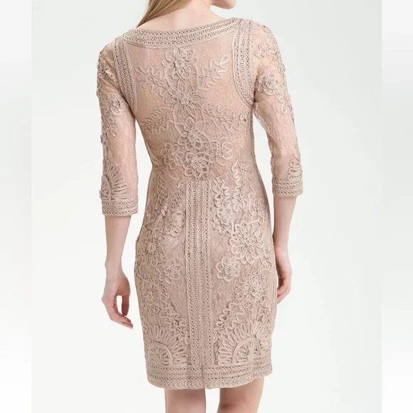 Sue Wong Nocturne Crochet Lace ribbon and rosette mesh sheath Beige dress size 2